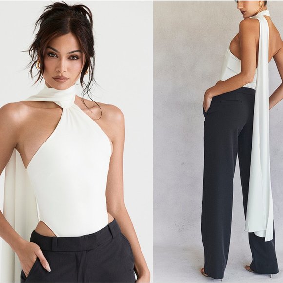 HOUSE OF CB 'Farrah' Ivory Satin Wrap Neck Bodysuit NWOT - Picture 1 of 8